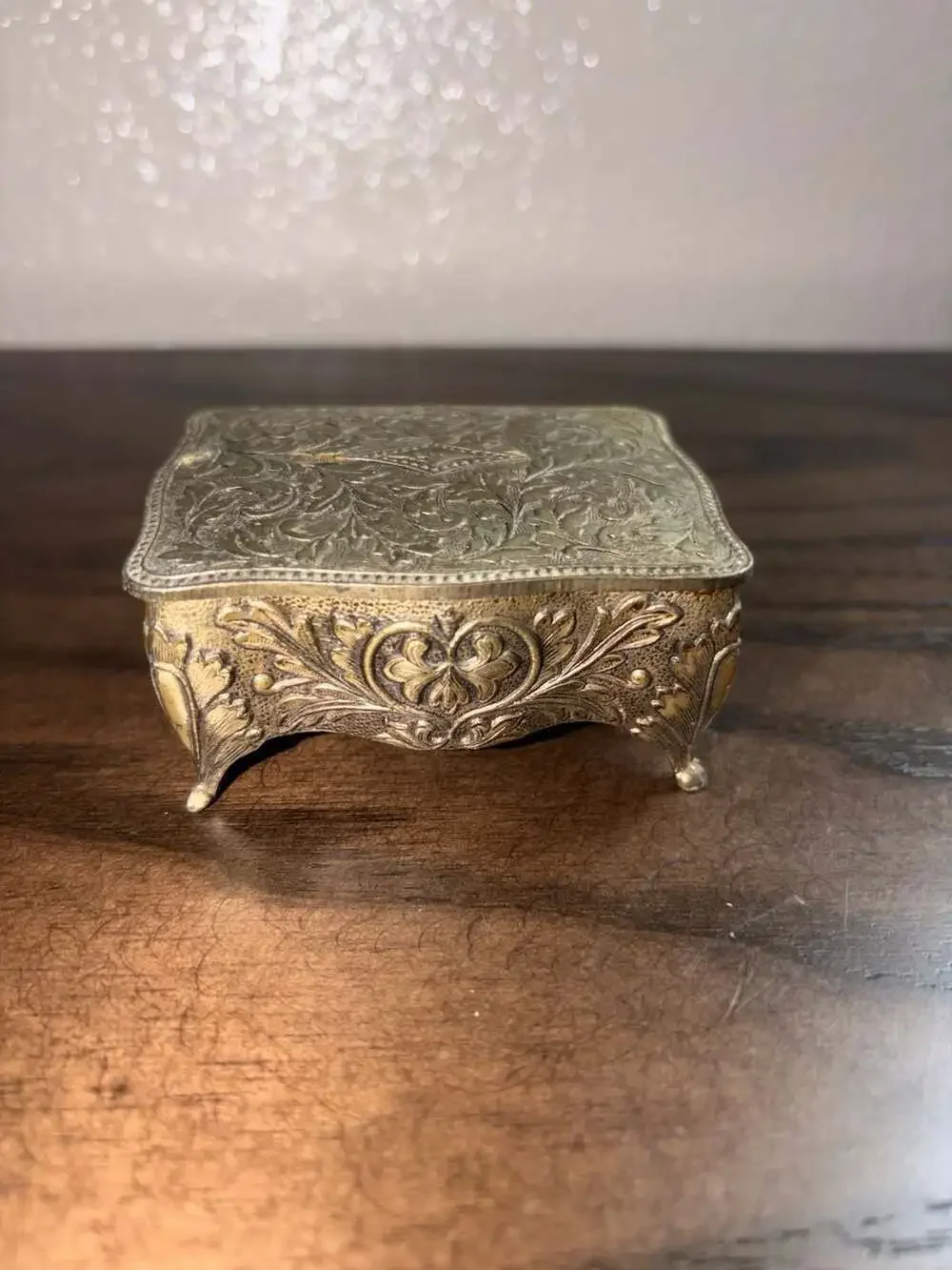 Vintage Ornate Metal Footed Jewelry Trinket Box with Red Velvet Interior, Made i